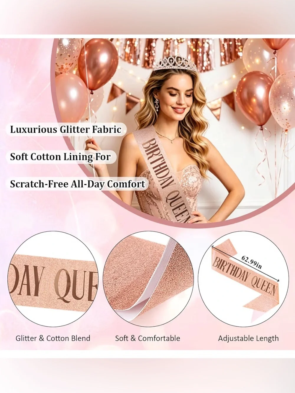 NEW Birthday Queen Tiara & Sash Set Rose Gold Rhinestone Crown Party Decor